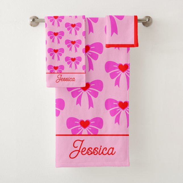 Coquette y2k Ribbon Pattern Red& Pink Preppy Name  Bath Towel Set (Insitu)