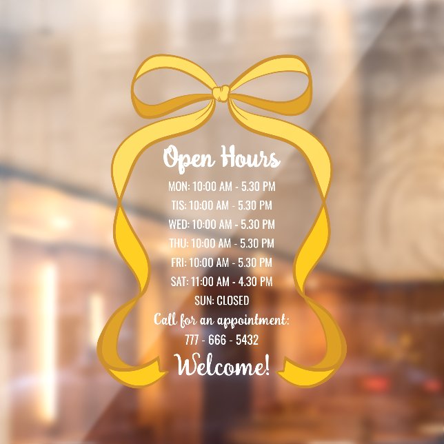 Coquette Yellow Bow Small Business Open Hours Window Cling (Sheet 2)