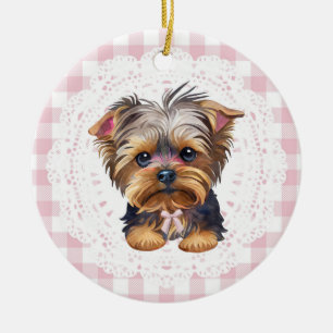 Coquette Yorkshire Terrier Dog Pink Gingham Bows Ceramic Tree Decoration