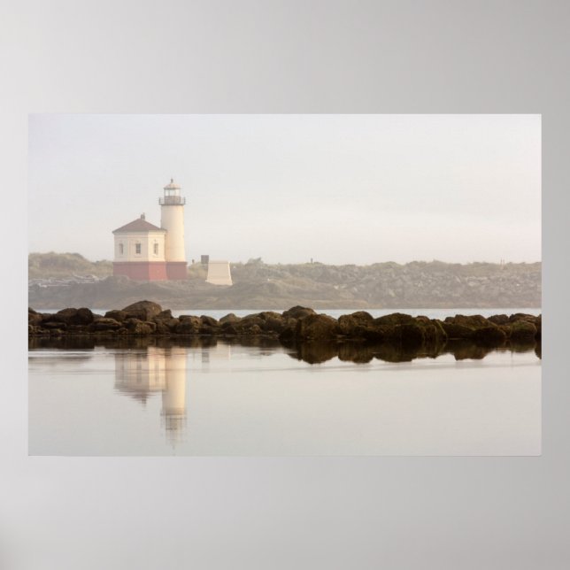 Coquille River Lighthouse in morning fog Poster (Front)