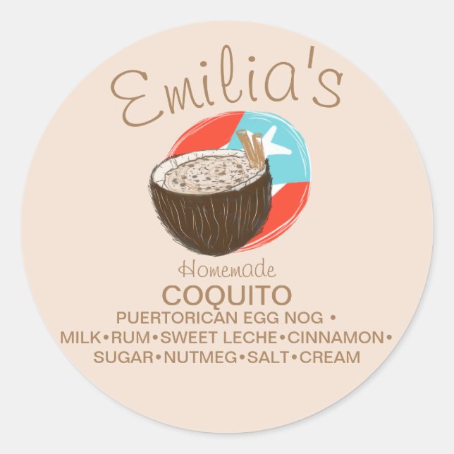 Coquito Recipe Drink Coconut Hand Drawn  Classic Round Sticker (Front)