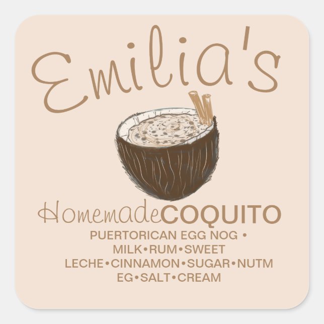 Coquito Recipe Drink Coconut Hand Drawn Ingredient Square Sticker (Front)