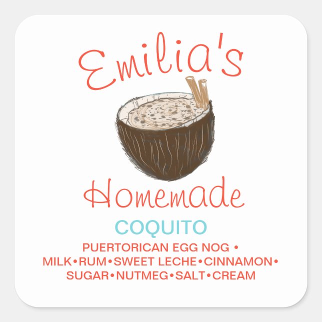 Coquito Recipe Drink Coconut Hand Drawn  Shell Square Sticker (Front)