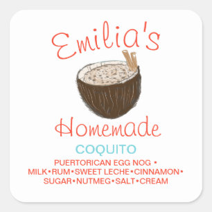 Coquito Recipe Drink Coconut Hand Drawn Shell Square Sticker