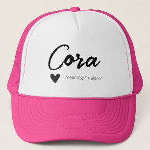 Cora Name Reveal Meaning Minimal Modern Black Text Trucker Hat