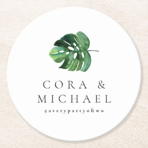 CORA Tropical Beach Palm Leaf Destination Wedding Round Paper Coaster