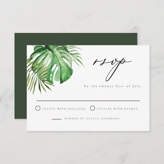 CORA Tropical Palm Leave Beach Themed Wedding RSVP Invitation (Front/Back)