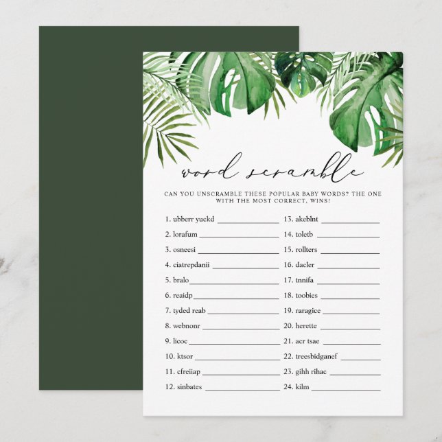 CORA Tropical Word Scramble Baby Shower Game Card (Front/Back)