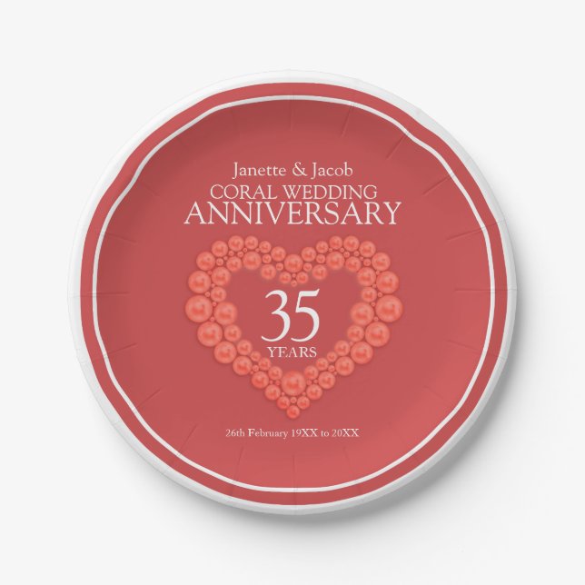 Coral 35th wedding anniversary heart paper plate (Front)