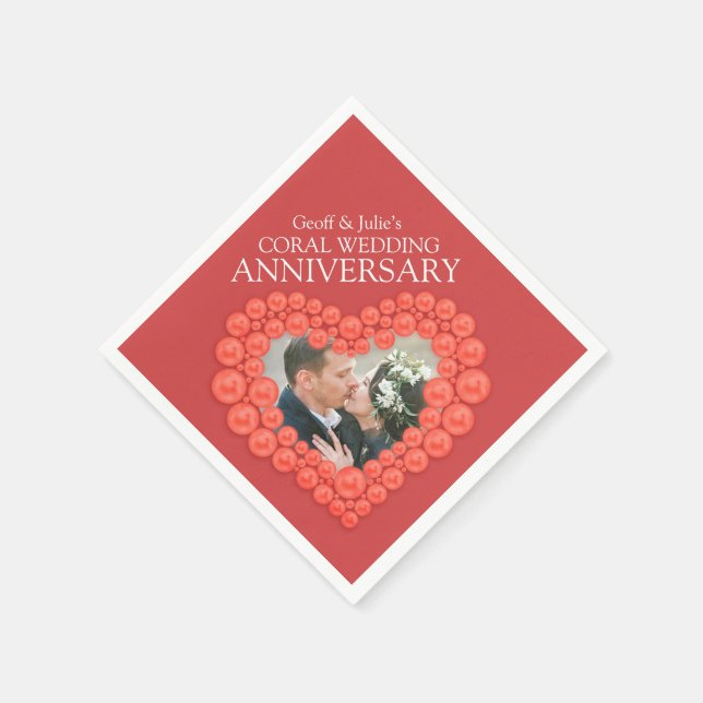 Coral 35th Wedding Anniversary heart photo napkins (Corner)