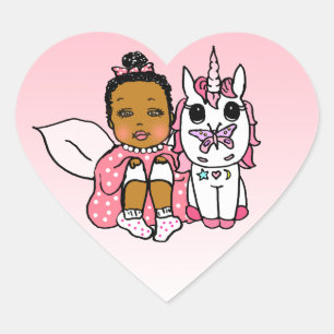Coral African-American Fairy and Unicorn Heart Sticker