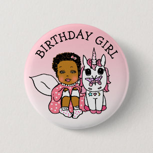 Coral African-American Fairy Unicorn Birthday Girl 6 Cm Round Badge