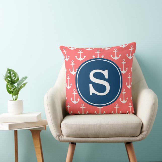 Coral Anchor Pattern with Navy Monogram Pillow (Chair)