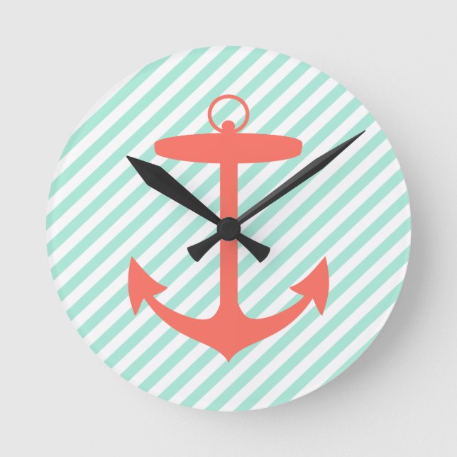 Coral Anchor Silhouette Round Clock (Front)