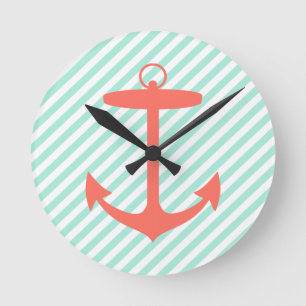 Coral Anchor Silhouette Round Clock