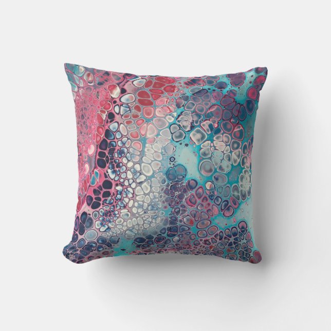 Coral and Aqua Acrylic Pour Colourful Abstract Cushion (Front)