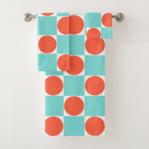 Coral and Aqua Circle Chequerboard Bath Towel Set
