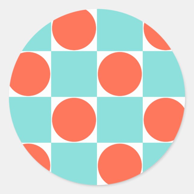 Coral and Aqua Circle Chequerboard Classic Round Sticker (Front)