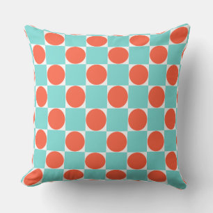 Coral and Aqua Circle Chequerboard Cushion