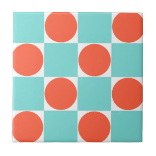 Coral and Aqua Circle Chequerboard Tile