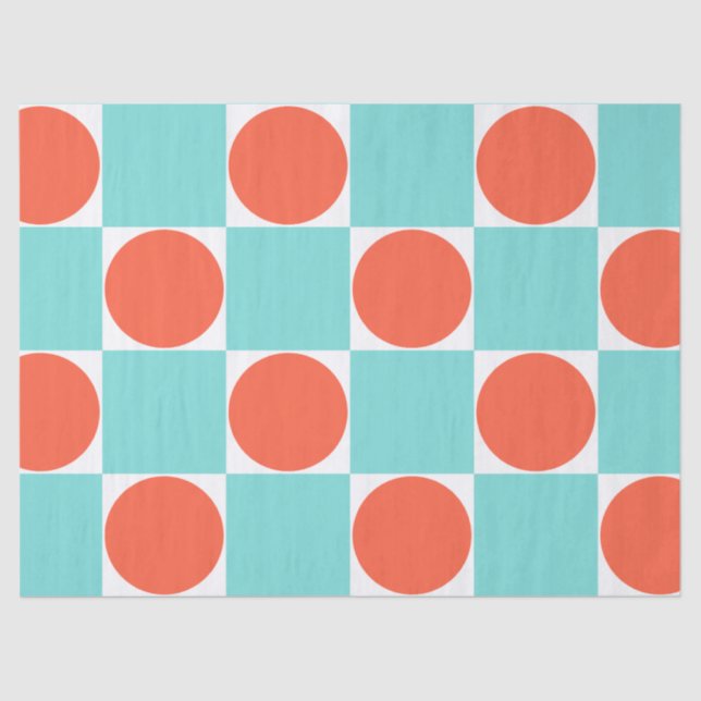 Coral and Aqua Circle Chequerboard Tissue Paper (Front)