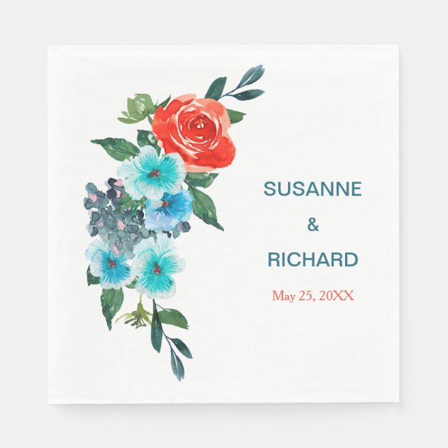 Coral and Aqua Floral Wedding Napkin (Front)