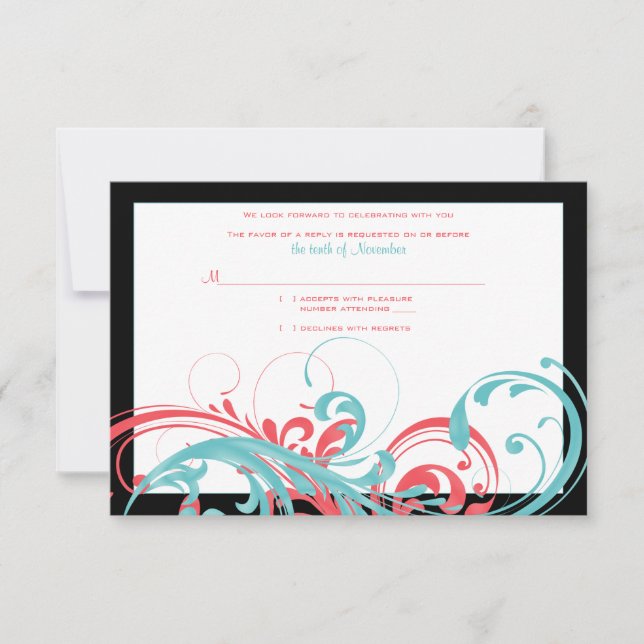 Coral and Aqua Floral Wedding Reply Card (Front)