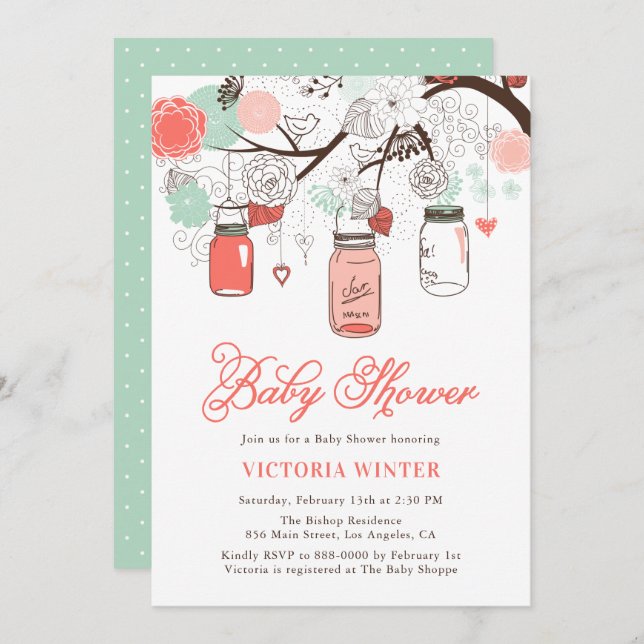 Coral and Aqua Hanging Mason Jars Baby Shower Invitation (Front/Back)
