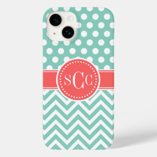 Coral and Aqua Polka Dot Chevron Monogram Case-Mate iPhone 14 Case