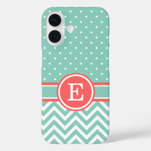 Coral and Aqua Preppy Chevron Dots Monogram iPhone 16 Case