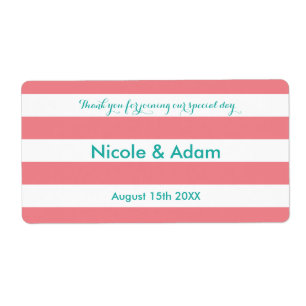 Coral and aqua striped wedding water bottle labels