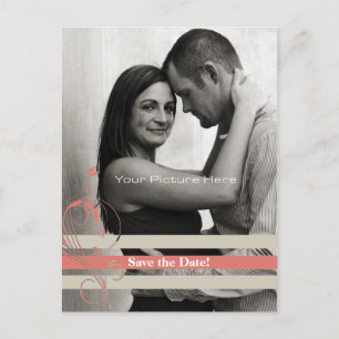 Coral and Beige Floral Bars Wedding SAve The Date Announcement Postcard