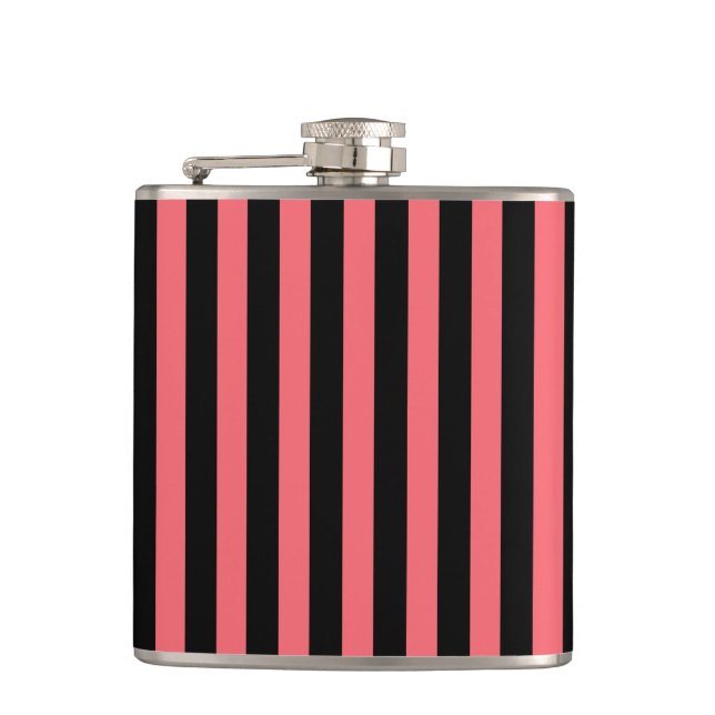 Coral and black candy stripes hip flask (Front)