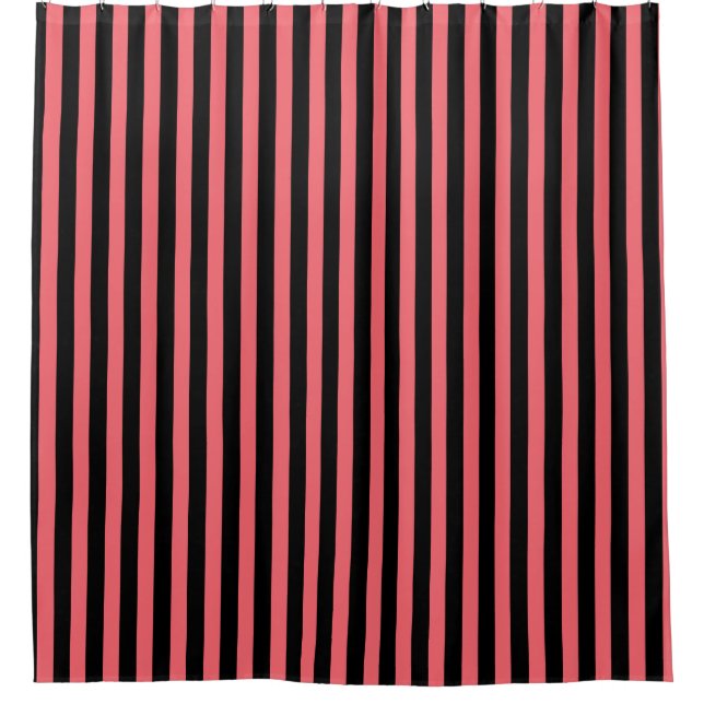 Coral and black candy stripes shower curtain (Front)