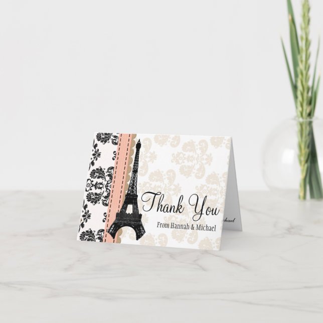 CORAL AND BLACK DAMASK EIFFEL TOWER THANK YOU (Front)