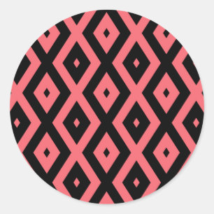Coral and black diamond pattern classic round sticker