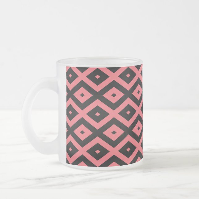 Coral and black diamond pattern frosted glass coffee mug (Left)