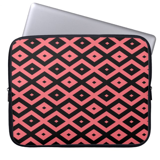 Coral and black diamond pattern laptop sleeve (Front)