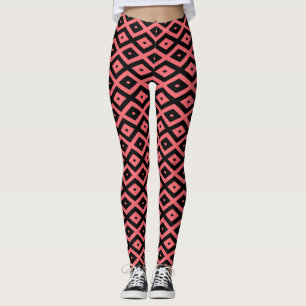 Coral and black diamond pattern leggings