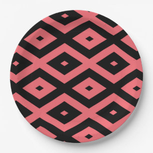 Coral and black diamond pattern paper plate