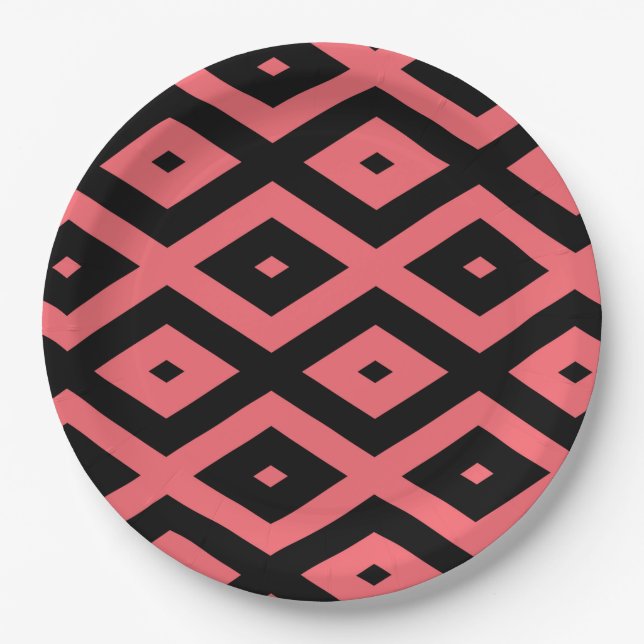 Coral and black diamond pattern paper plate (Front)