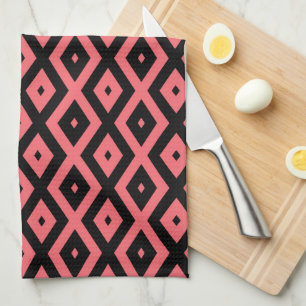 Coral and black diamond pattern tea towel