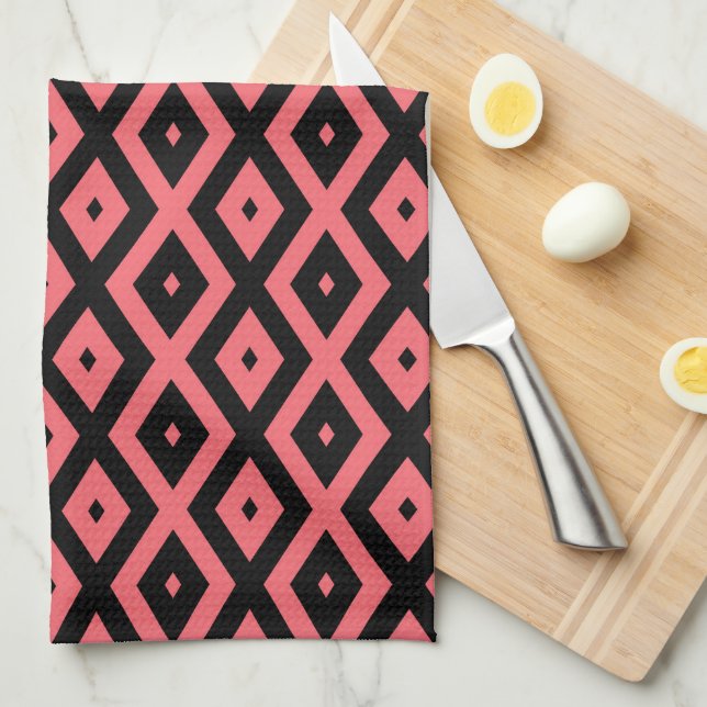 Coral and black diamond pattern tea towel (Quarter Fold)
