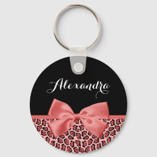 Coral and Black Jaguar Print Cute Bow With Name Key Ring