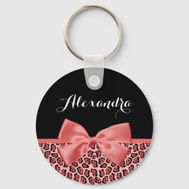 Coral and Black Jaguar Print Cute Bow With Name Key Ring (Front)