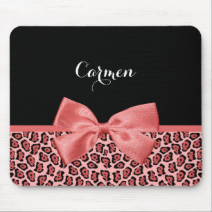 Coral and Black Jaguar Print Cute Bow With Name Mouse Mat