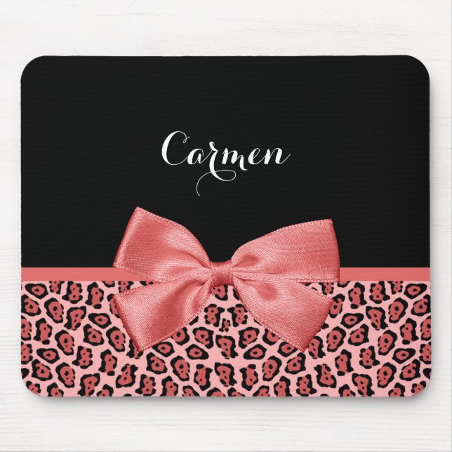 Coral and Black Jaguar Print Cute Bow With Name Mouse Mat (Front)