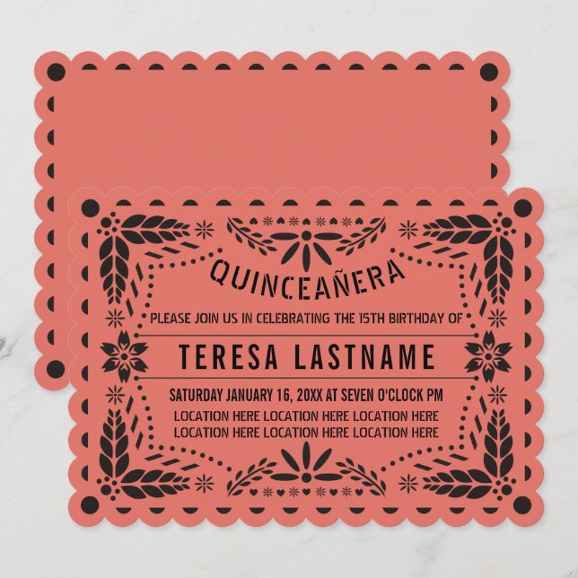 Coral and black papel picado Quinceañera Invitation (Front/Back)