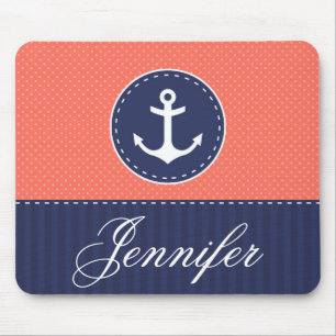 Coral and Blue Anchor Design Customisable Name Mouse Mat