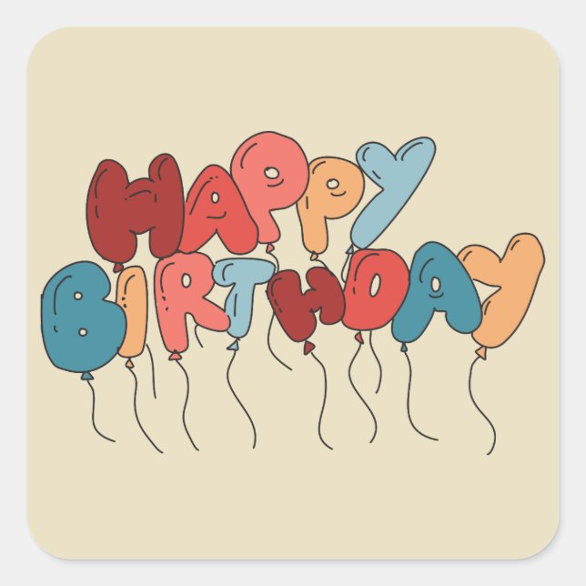 Coral and Blue Happy Birthday Balloon Letters Square Sticker (Front)